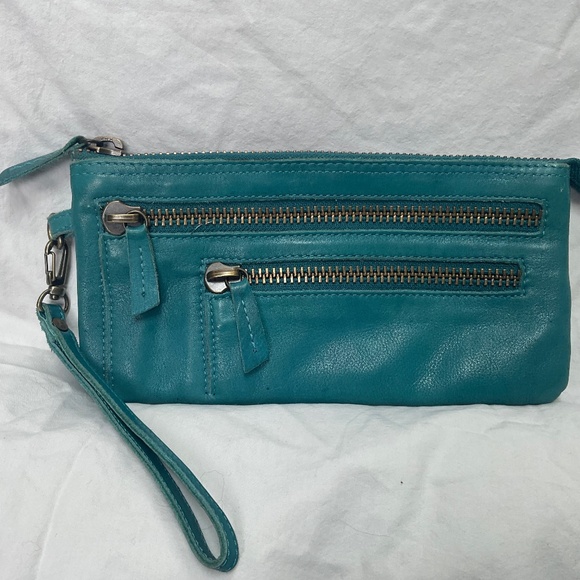 Teal Blue Leather Holding Horses Anthropologie Wristlet Clutch Wallet - Picture 1 of 13